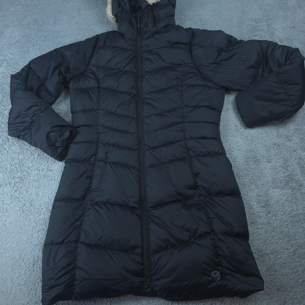 Mountain Hardwear Coat Womens Medium Black Hooded Down Parka Faux Fur Quilted